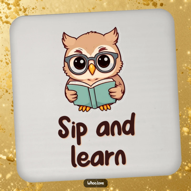 Funny owl drink coasters featuring a studious owl in spectacles reading a book, ideal for drink protection and humor.