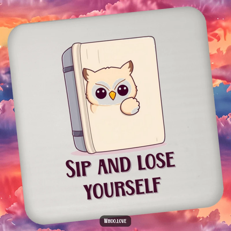 Funny kawaii owl drink coaster featuring a cute owl peeking from a book, protecting surfaces with a humorous and literary-themed design.