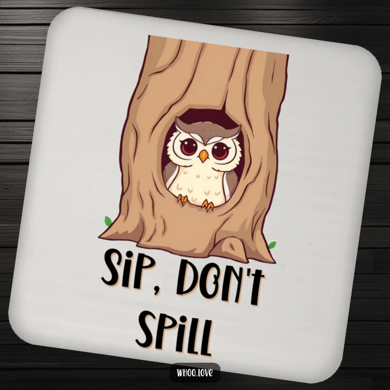 Funny owl drink coasters featuring a mischievous owl peeking from a hollow tree trunk, adding a playful and humorous touch to surfaces.