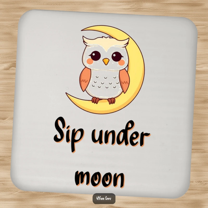 Funny drink coaster featuring a smiling owl perched on a crescent moon, adding a magical and humorous touch, a funny gift.
