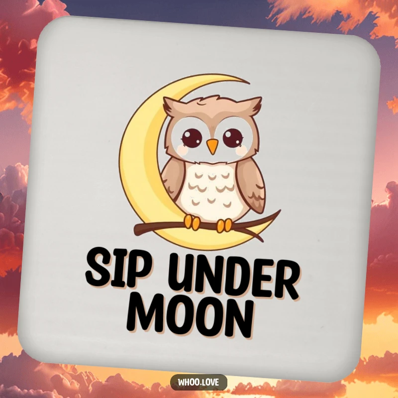 Funny moon owl drink coaster with a happy owl perched on a crescent moon, adding humorous and celestial protection to surfaces.