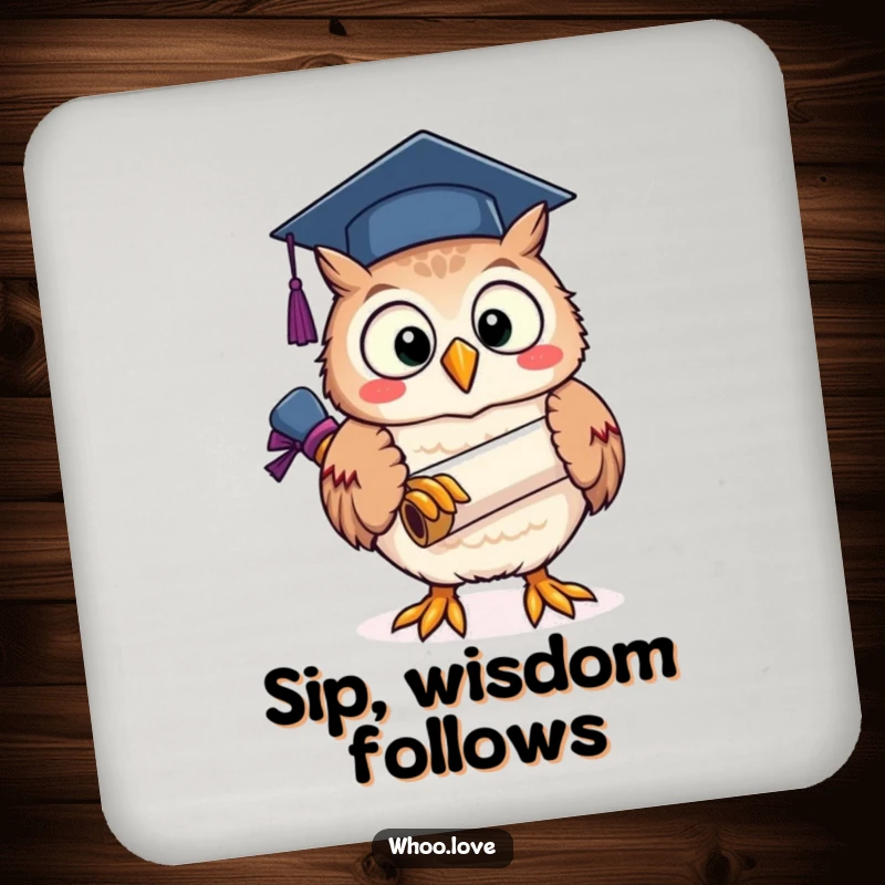 Funny owl character holding a graduation scroll featured on a drink coaster, adding humor to any table.