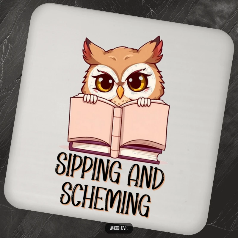 Funny drink coaster, a mischievous owl character peeking from behind a large book, symbolizing hidden knowledge.