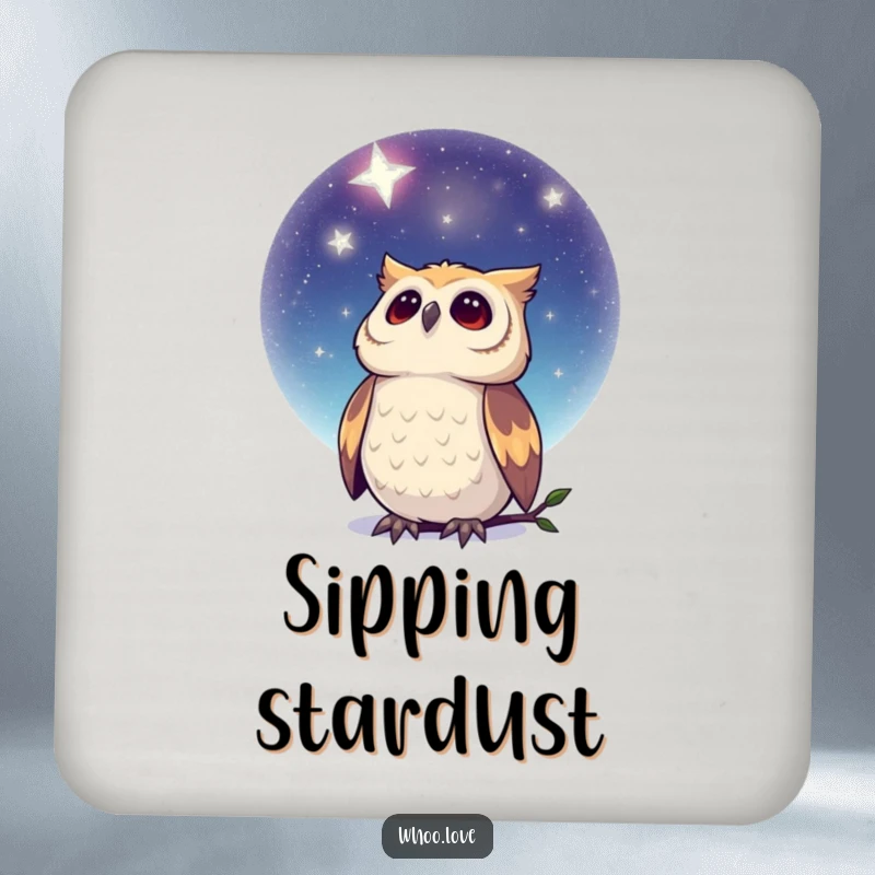 Funny Dreamy Owl Coasters: A set of coasters with a dreamy owl gazing at a starry night sky, protecting surfaces with elegance.