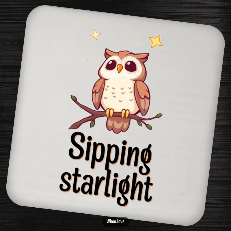 Funny drink coaster with a cheerful owl perched, looking up at a beautiful starry night sky.