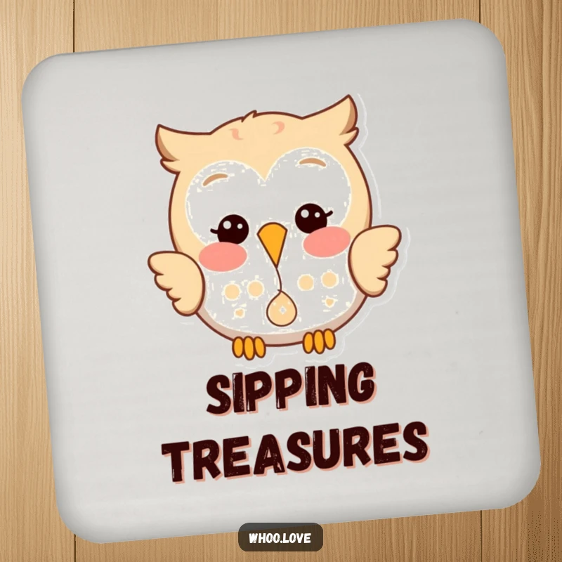 Funny drink coaster depicting a happy owl with a playful glint, dropping a small, shiny object.