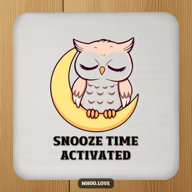 Funny sleepy owl with droopy eyes on a crescent moon, cute nocturnal coaster, small and humorous gift for sleepyheads.