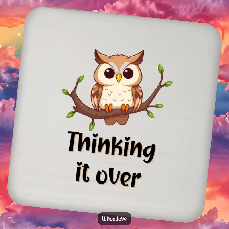 Funny curious owl drink coaster, showing an owl with a head tilt on a branch, a practical and humorous accessory for protecting surfaces.