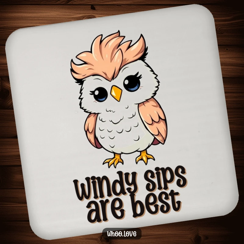 Funny silly owl with ruffled feathers caught in a strong wind gust, cute chaotic coaster, small and humorous gift.