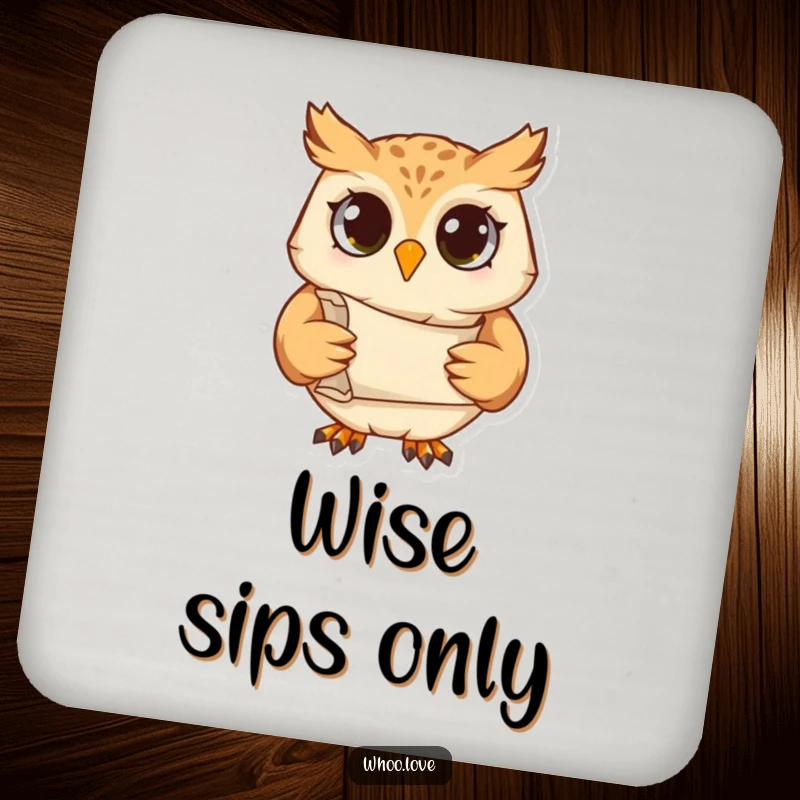 Funny drink coasters featuring a studious owl character with a scroll, protecting surfaces while adding a wise and humorous touch.
