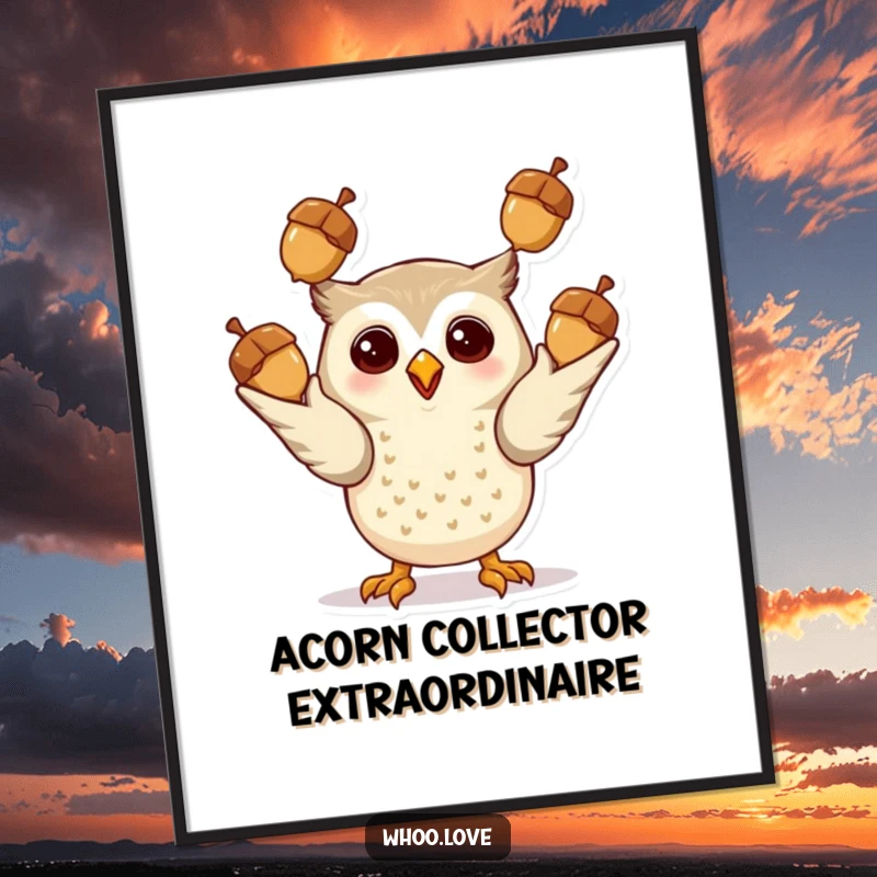 Funny Giddy Owl Poster: A vibrant poster showcasing an owl in the act of juggling acorns, radiating joy and playful energy.