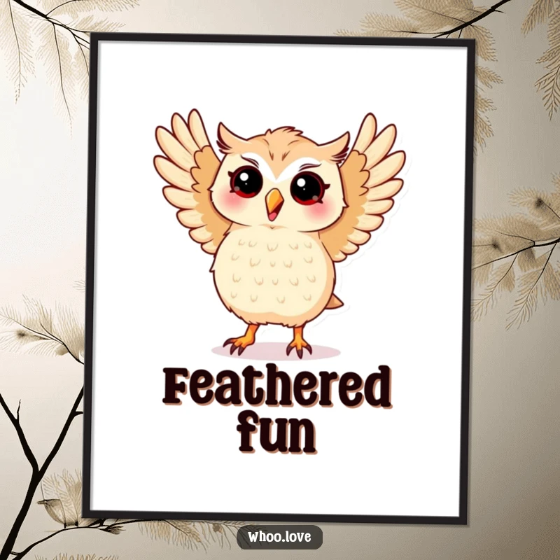 Funny poster depicting a kawaii owl performing a silly dance with its wings spread wide, exuding joy and fun.