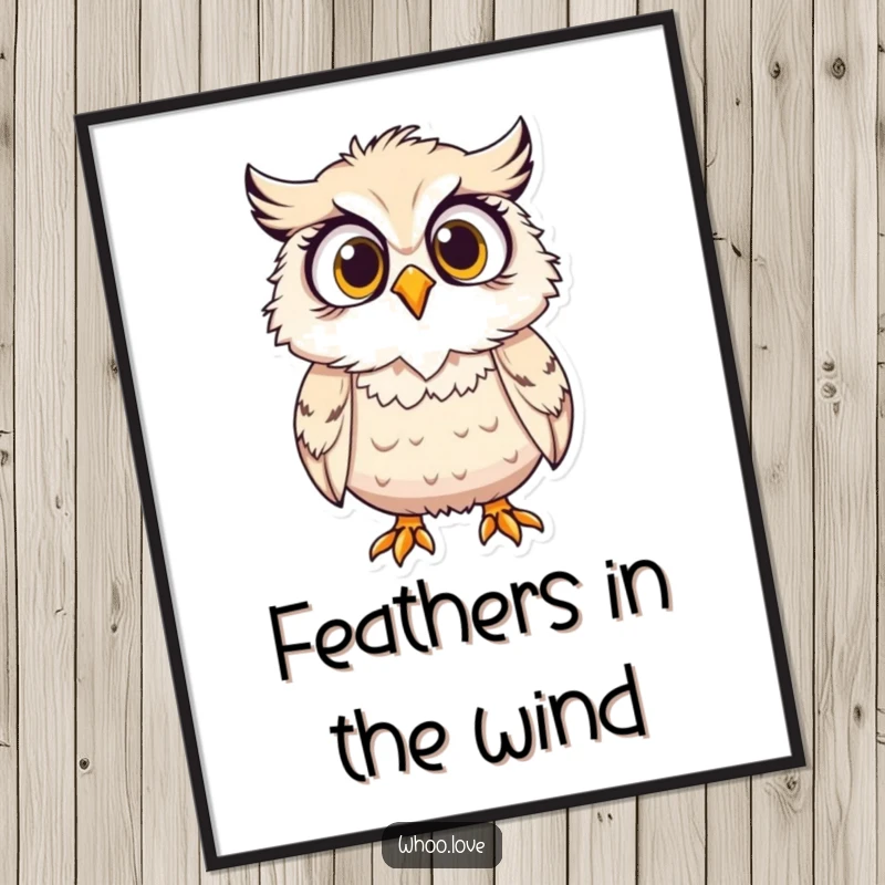 Funny poster, a surprised owl character with its feathers ruffled dramatically by a strong wind.