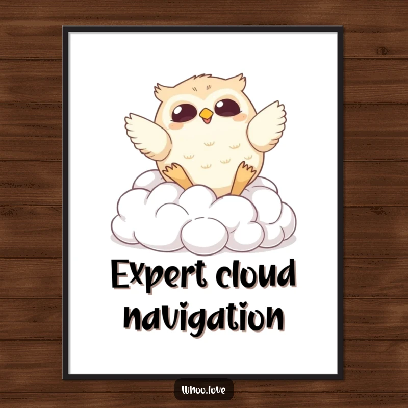 Funny poster art of a chubby owl comically tumbling down soft, fluffy clouds, bringing whimsical and hilarious energy to wall decor.