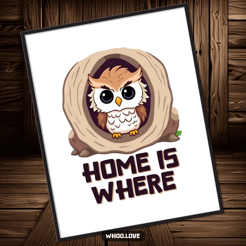 Funny poster art of a curious owl with ruffled feathers peeking out from inside a hollow log.