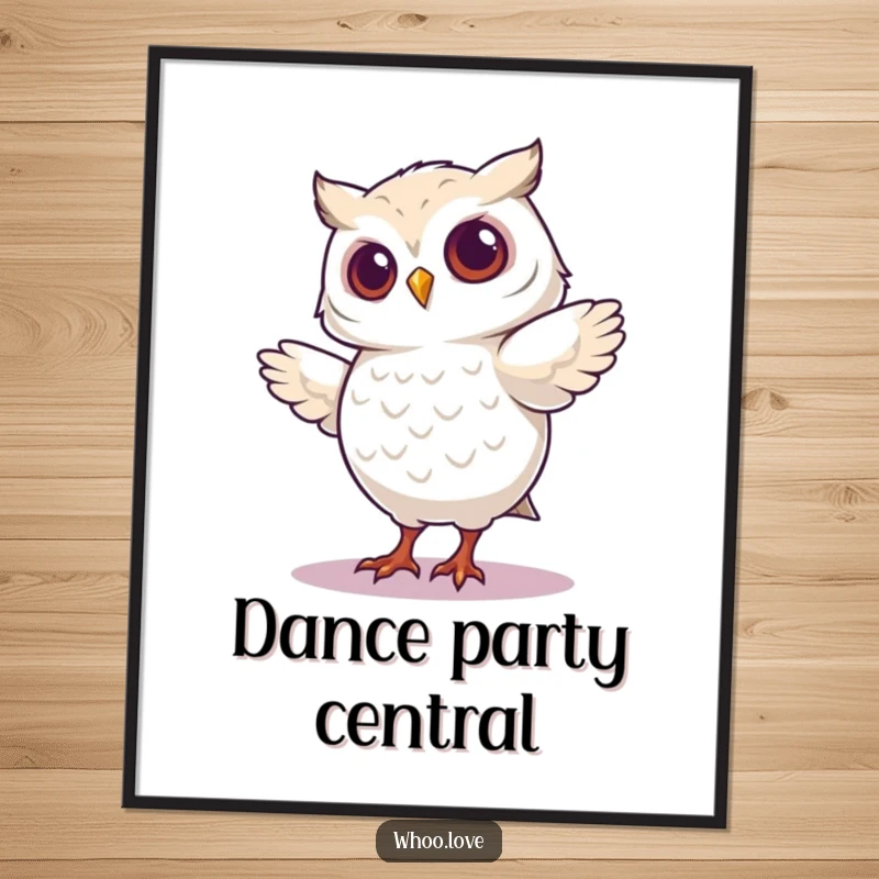 Funny poster art of an owl character in mid-dance, its body contorted in a playfully silly and energetic step.