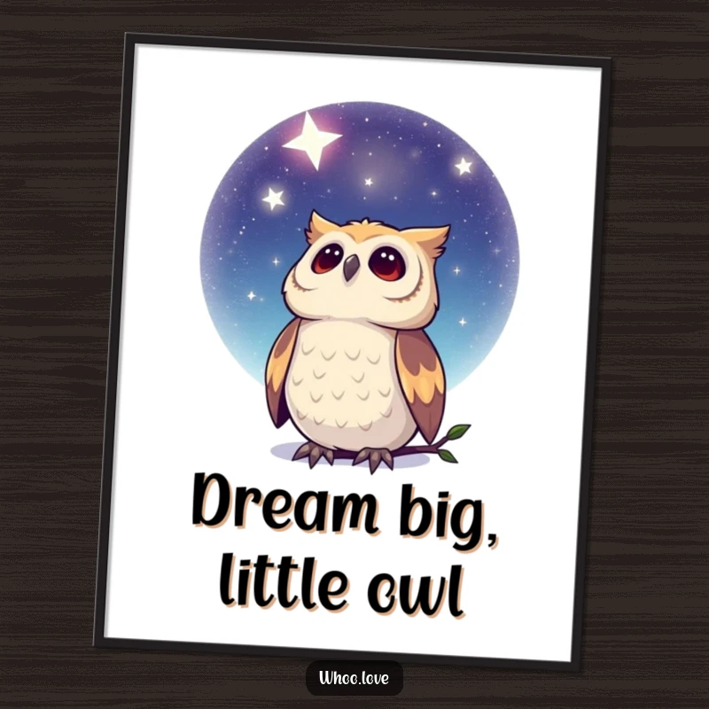 Funny Dreamy Owl Poster: A captivating artwork of an owl gazing at a serene, star-filled night sky, bringing celestial beauty indoors.