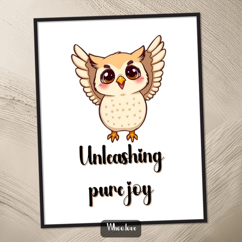Funny flapping owl poster displaying an owl energetically flapping its wings. Ideal for humorous and uplifting wall decor.