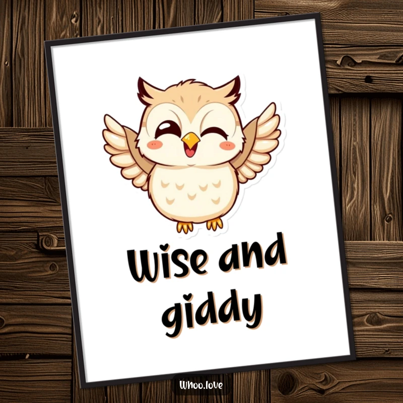 Funny poster of a kawaii owl giggling uncontrollably and joyfully flapping its wings, bringing a sense of pure delight.