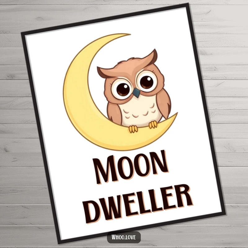 Funny poster with a comical owl, big googly eyes, peeking from behind a giant crescent moon, for whimsical decor.