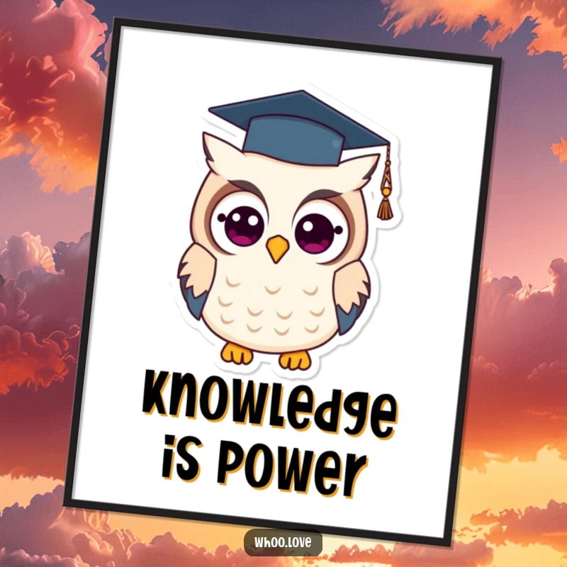 Funny graduation owl poster of a wise owl wearing a graduation cap, celebrating academic achievement with humor and artistic flair.