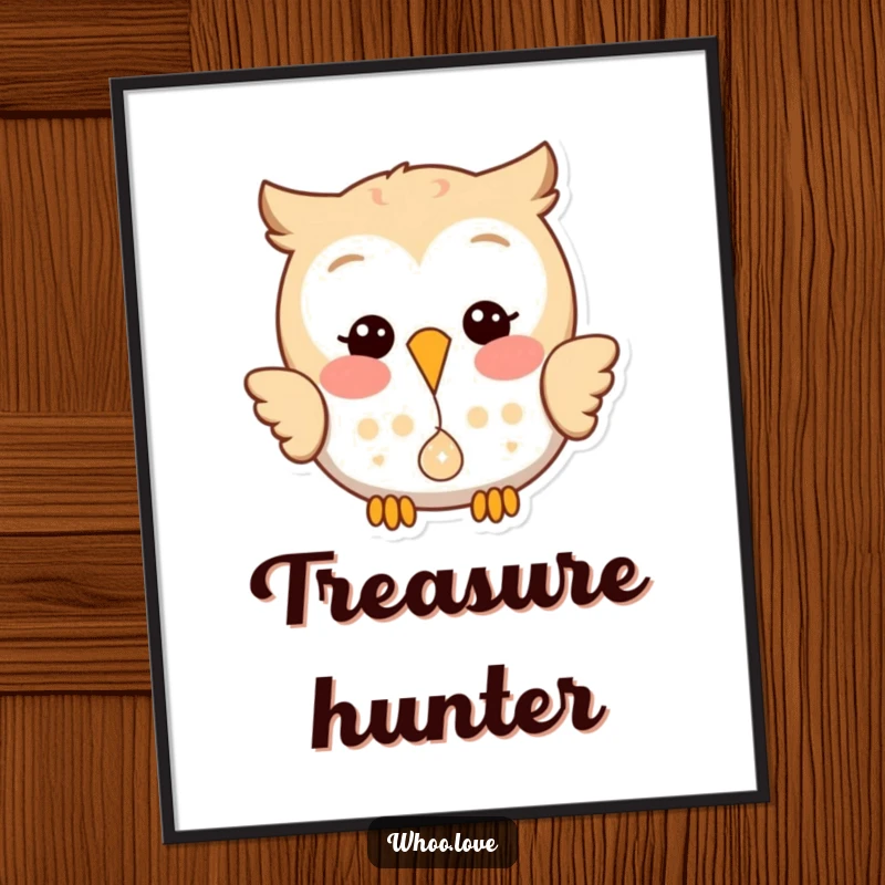 Funny poster art of a happy owl with a playful glint, dropping a small, shiny object with utter delight.