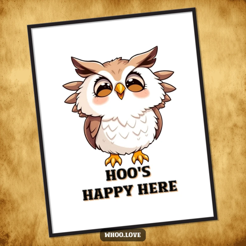 Funny poster featuring a cartoon owl hooting with joy, feathers ruffled, bringing cheerful bird art to any space.