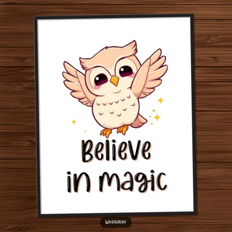 Funny joyful owl poster showing an owl fluttering its wings with a happy expression, leaving a sparkly trail, whimsical and magical wall art.