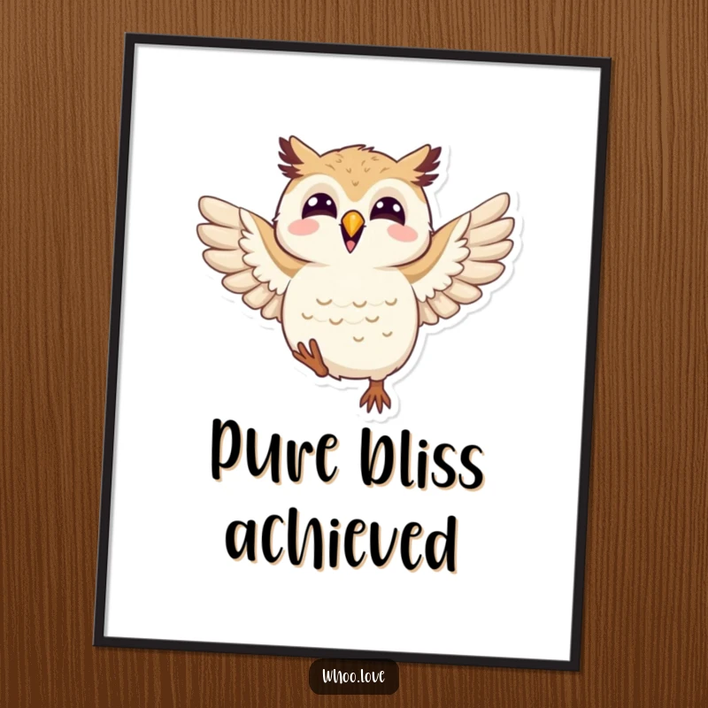 Funny joyful owl poster of an owl flapping its wings with pure elation, bringing a cheerful and humorous artistic touch to any wall.