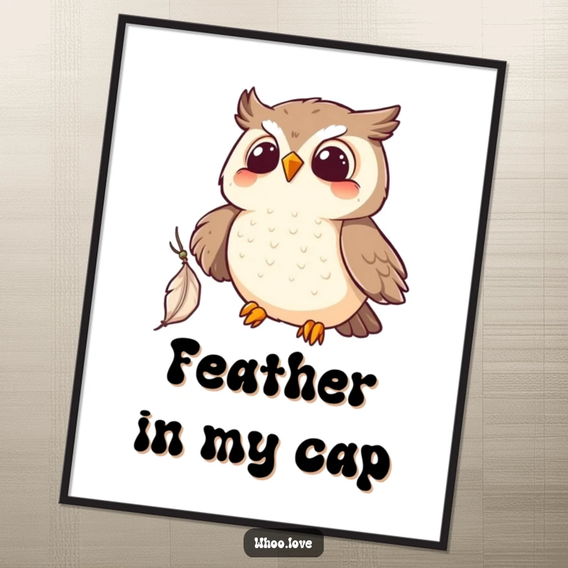 Funny Kawaii owl poster, captured in mid-air excitement, snagging a soft feather. A joyful and funny art gift.