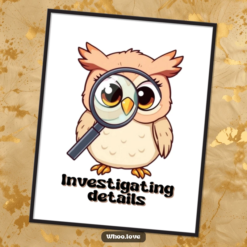 Funny Kawaii owl with wide, curious eyes, peering through a magnifying glass, detailed illustration, a symbol of curiosity, perfect funny gift.