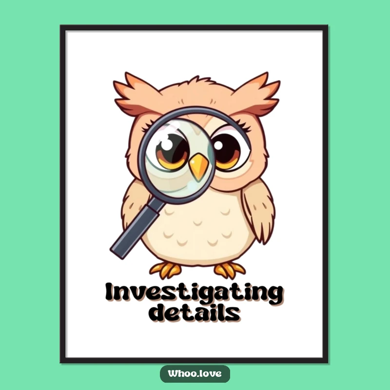 Funny Kawaii Owl Magnifying Poster: Curious Art Print, Vibrant Funny Gift Decor