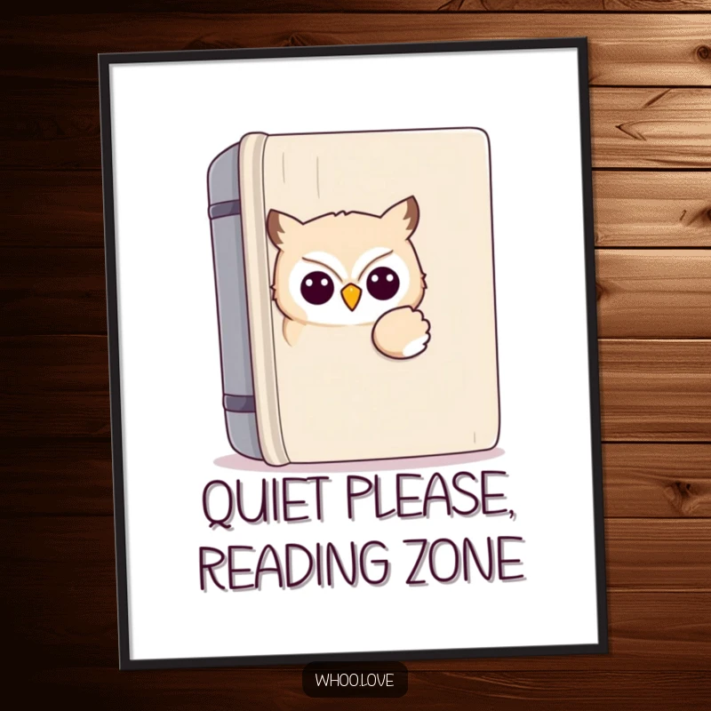 Funny kawaii owl poster showcasing a cute owl peeking from behind a massive book, adding whimsical and literary humor to any room decor.
