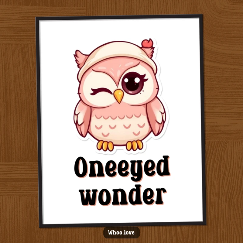 Funny kawaii owl winking playfully, wearing a small hat, displayed as charming and humorous wall art poster.