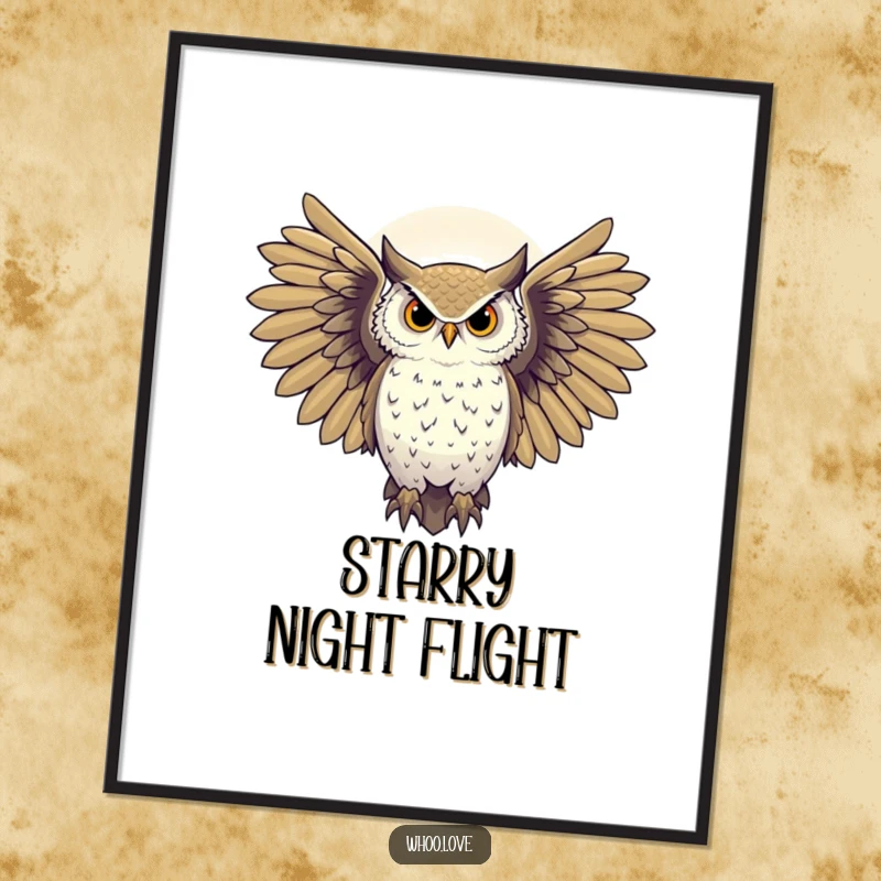 Funny majestic owl with wings spread against a starry night sky, mystical wall art, charming funny gift for stargazers.