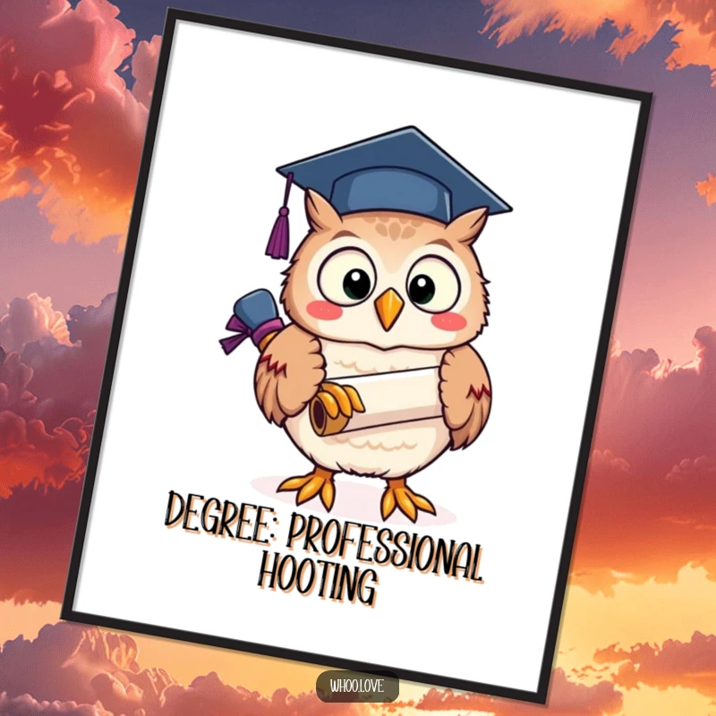 Funny, joyful owl clutches a graduation scroll in this vibrant poster, celebrating academic success with humor.