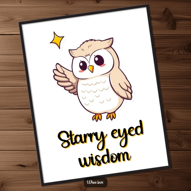 Funny owl poster illustrating an owl pointing its wing towards a beautiful, twinkling star, perfect for inspiring dreams.
