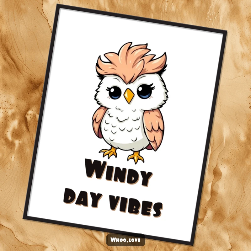 Funny silly owl with ruffled feathers caught in a strong wind gust, whimsical chaotic wall art, charming funny gift for bird fans.