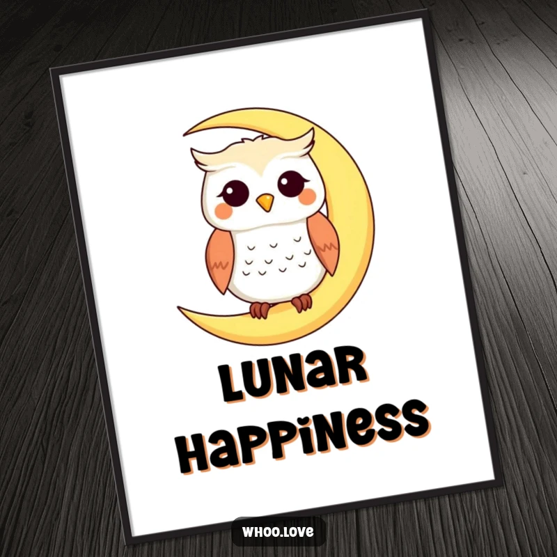 Funny poster print of a smiling owl perched on a crescent moon, creating a tranquil and humorous scene, a great funny gift.