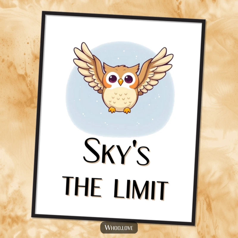 Funny owl poster depicting a happy owl character soaring magnificently through the starry night sky, wings spread wide in a symbol of freedom.