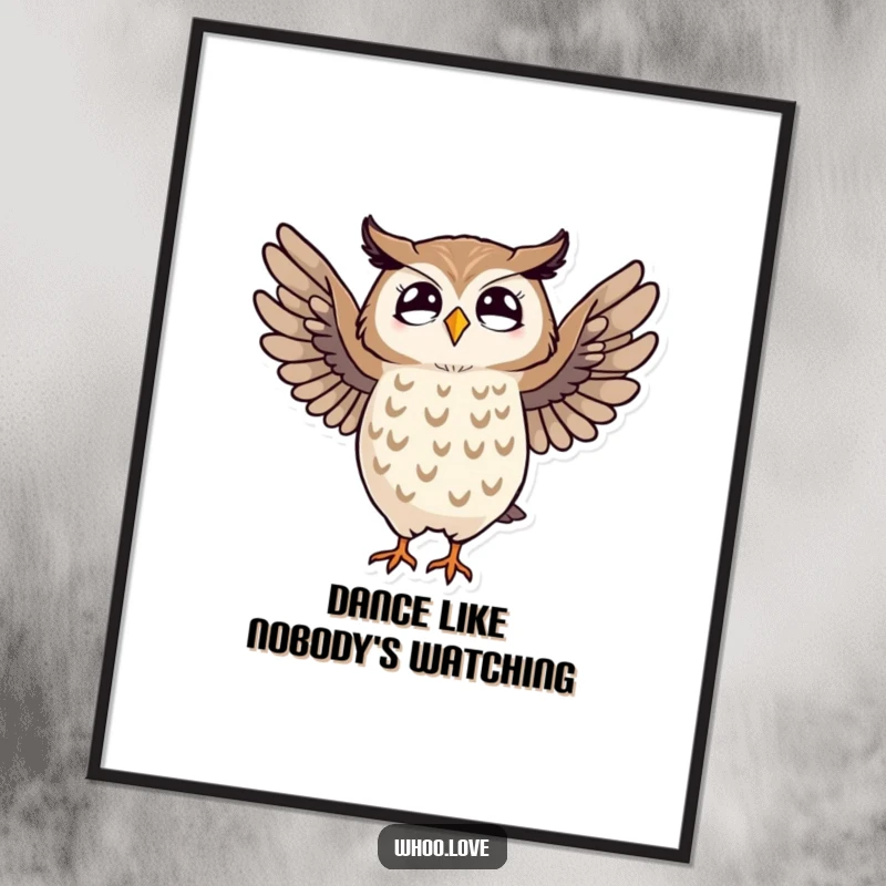 Funny poster of a stylized striped owl joyfully dancing with wings spread, capturing a moment of pure, comical expression.