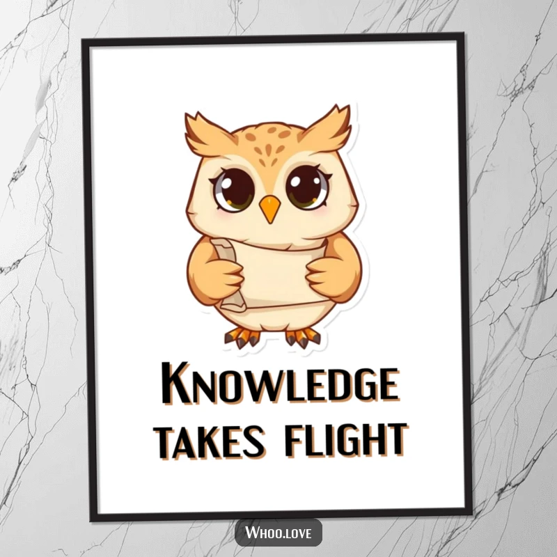 Funny poster depicting a studious owl character with a scroll, conveying wisdom and a love for knowledge in a humorous way.