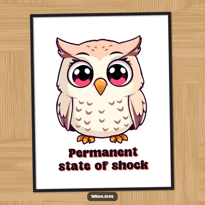 Funny surprised owl character poster, its wide, astonished eyes conveying immediate shock and humorous disbelief in a striking image.