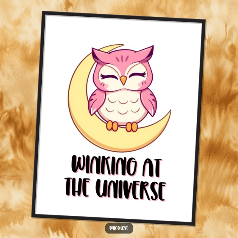 Funny owl poster, a winking character on a crescent moon, whimsical wall art that brings humor and charm.