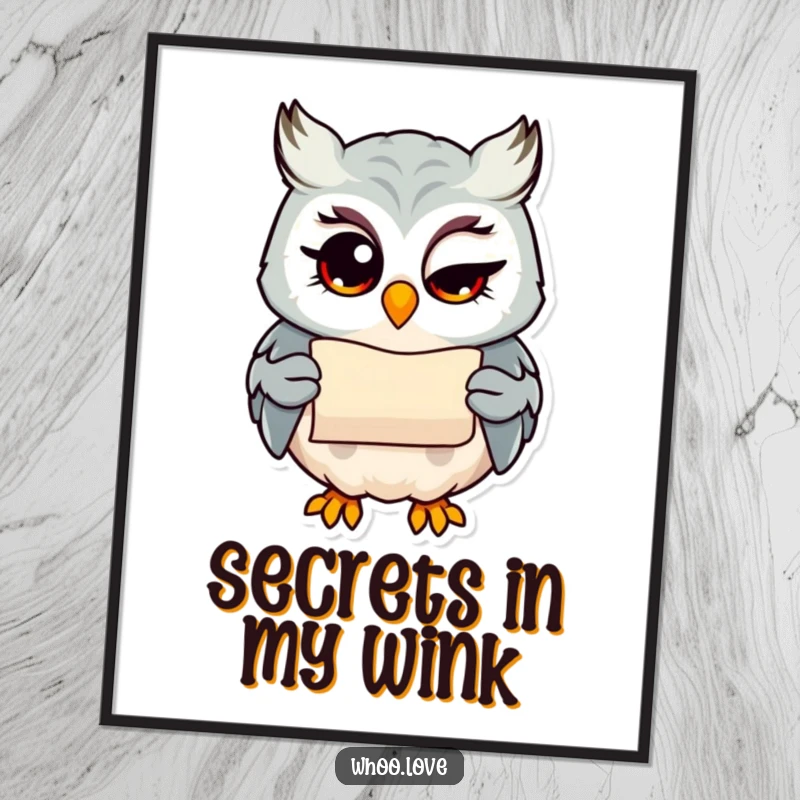Funny owl with a wink holding a tiny scroll, mischievous wall art, charming funny gift for clever collectors.