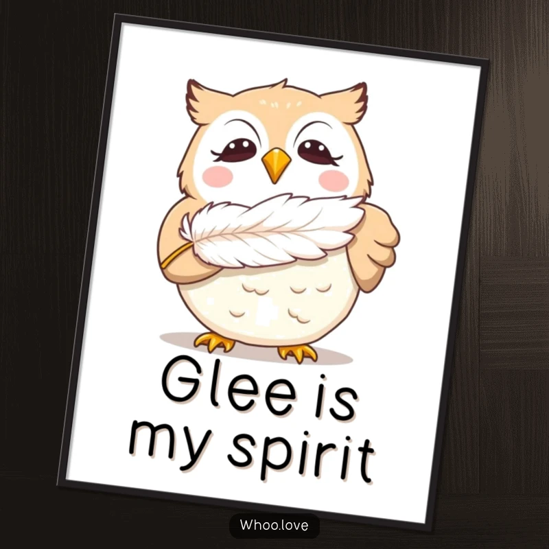 Funny giggling owl poster showing a delighted owl blowing a feather, a whimsical and humorous piece of wall art for bird lovers and happy souls.