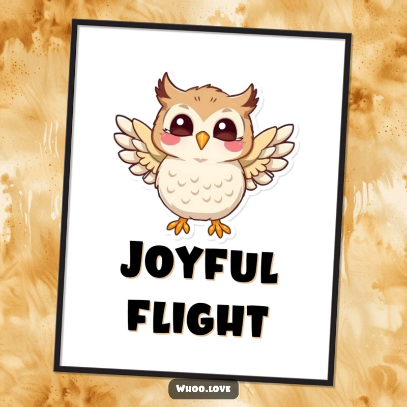 Funny poster print of a playful owl character flapping its wings with pure joy, a celebration of happiness, a great funny gift.