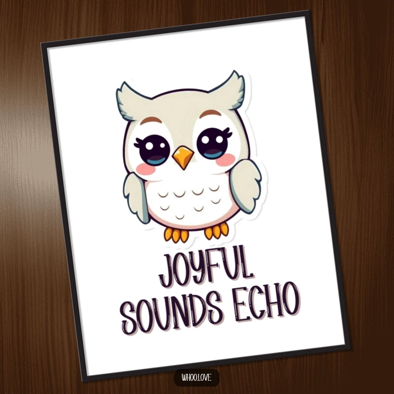 Funny Joyful Owl Poster: An artistic depiction of a happy owl character hooting with a wide, cheerful grin, radiating positive energy.