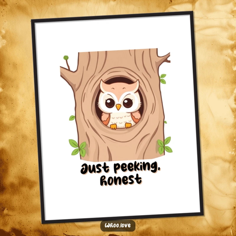 Funny poster featuring an owl peeking from a tree hole, adding a playful and natural element to decor.