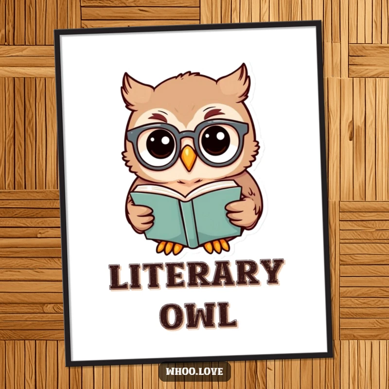 Funny owl poster showing a wise owl wearing spectacles and intently reading a book, adding intellectual charm.